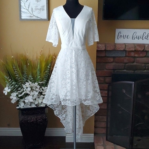 🆕️ SHEIN White Lace Cold Shoulder High Low Wedding Dress SIZE: XL - Picture 2 of 16